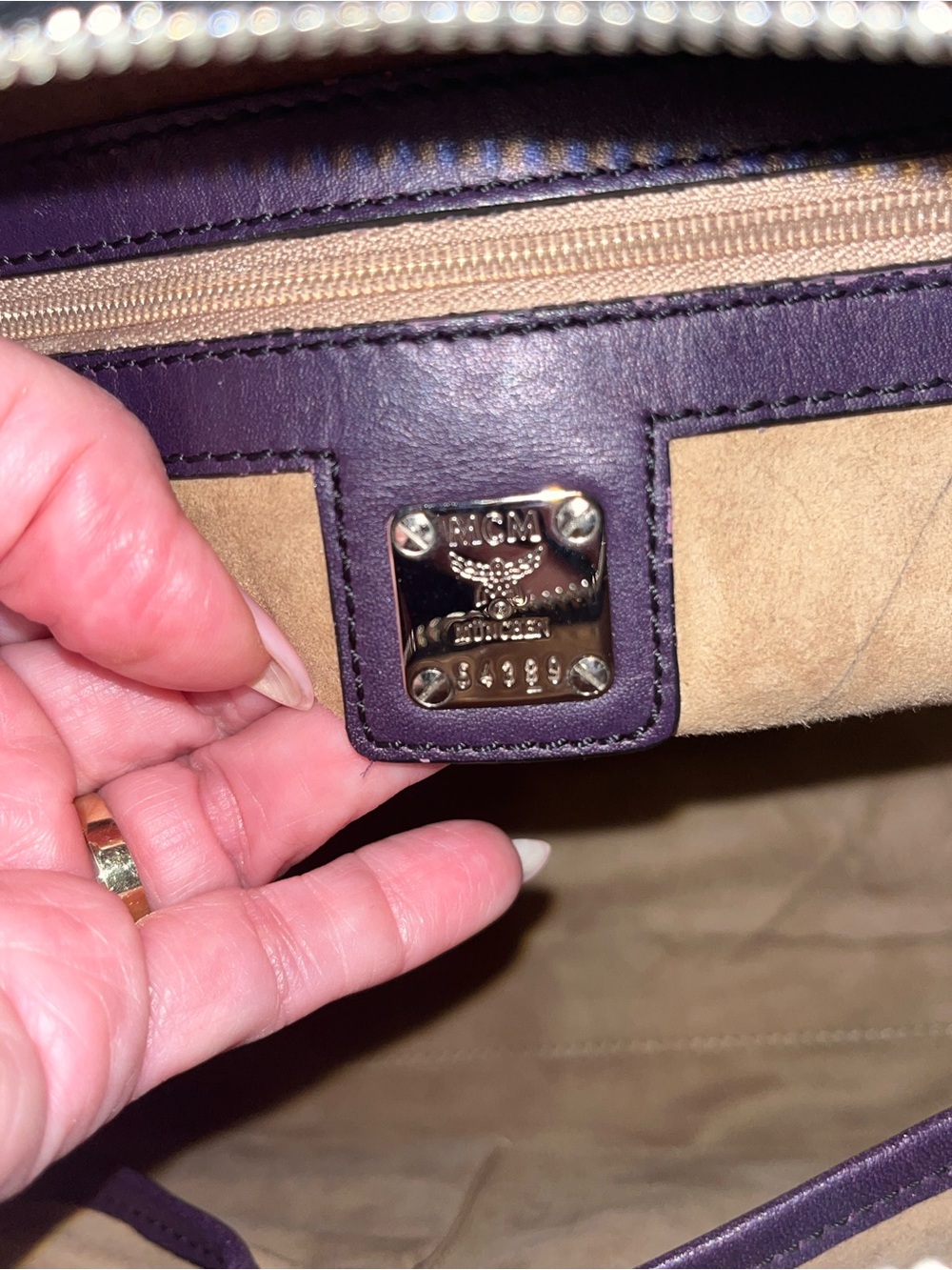 MCM Black monogram Leather Satchel with Purple Handles and Multicolor Patches - Picture 10 of 11